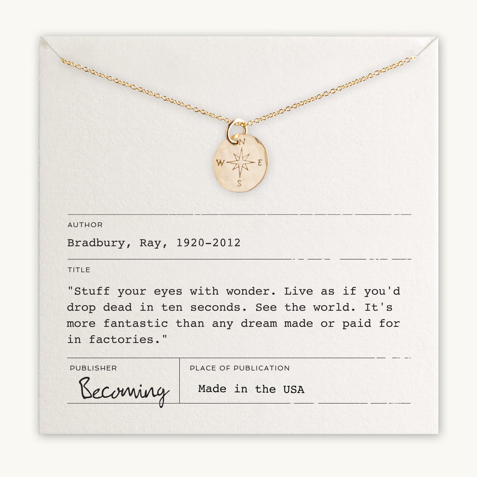 Gold filled Compass Necklace from Becoming Jewelry on a card with a Ray Bradbury quote.
