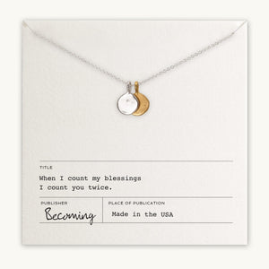 Count My Blessings Necklace by Becoming Jewelry, displayed on a card titled "becoming," made in the USA.
