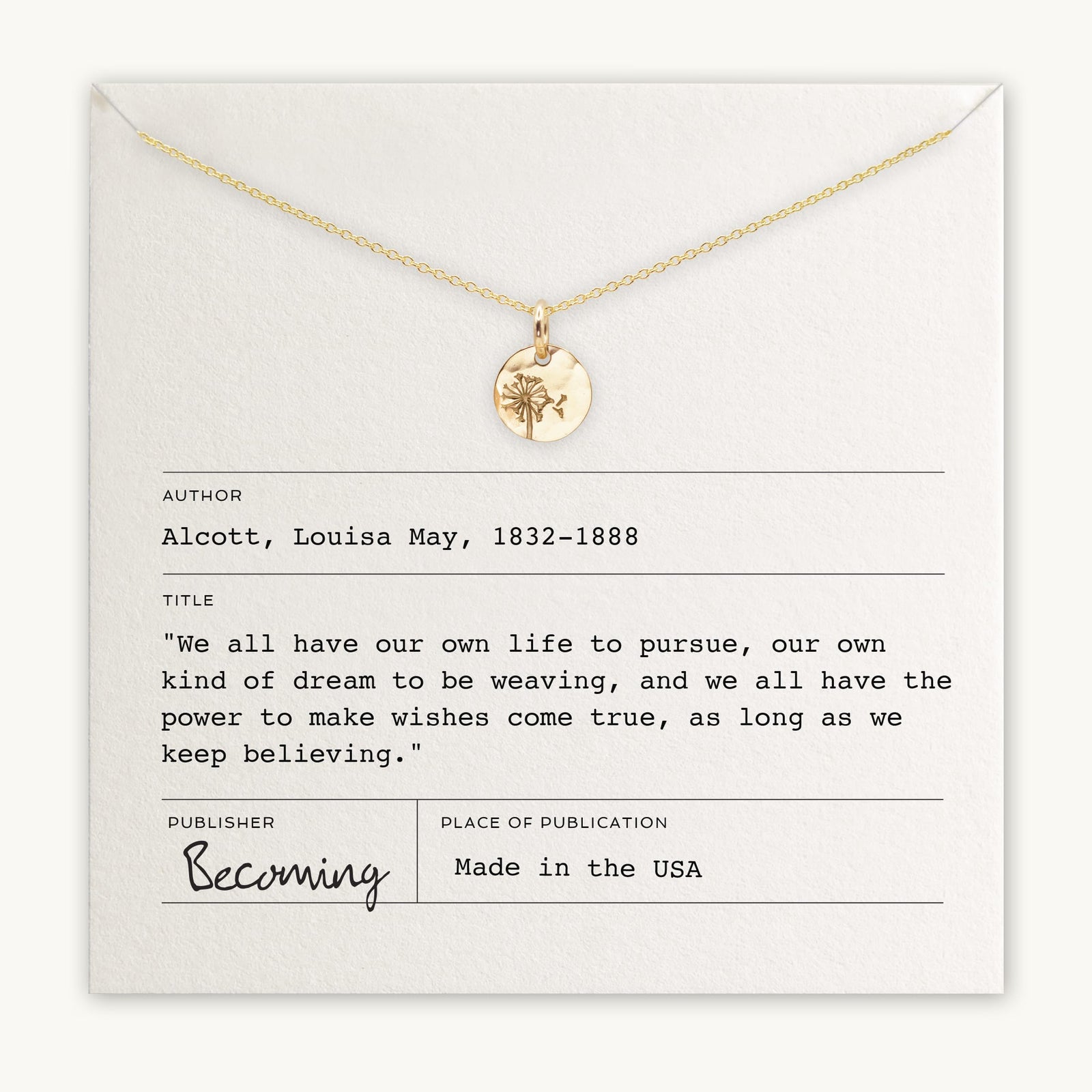 Dandelion Wishes Necklace by Becoming Jewelry displayed on a card with a quote by Louisa May Alcott.
