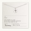 Family Tree Necklace from Becoming Jewelry, displayed on a card with an inspirational family-themed message.