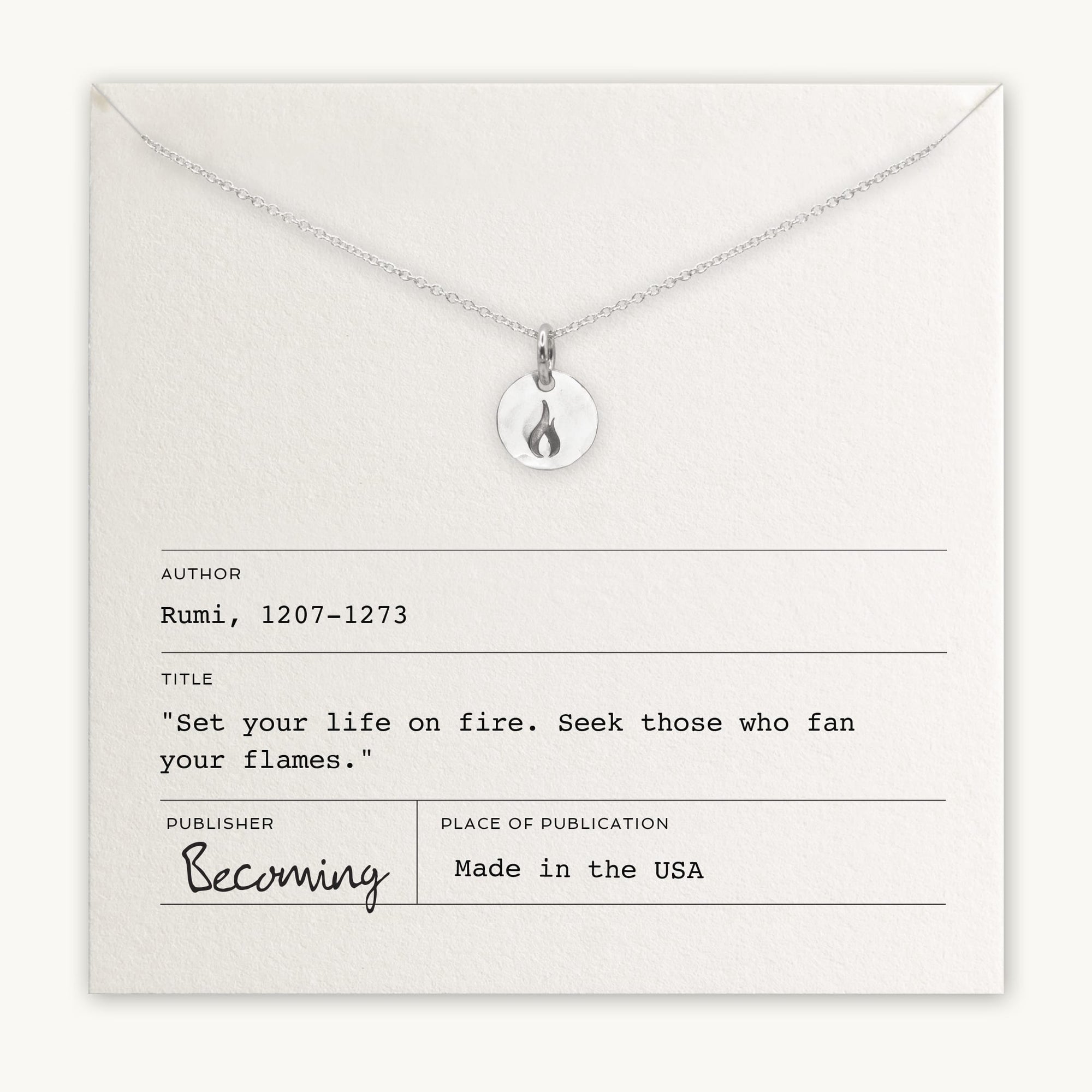 On Fire Necklace by Becoming Jewelry displayed on a card with an inspirational quote by Rumi.