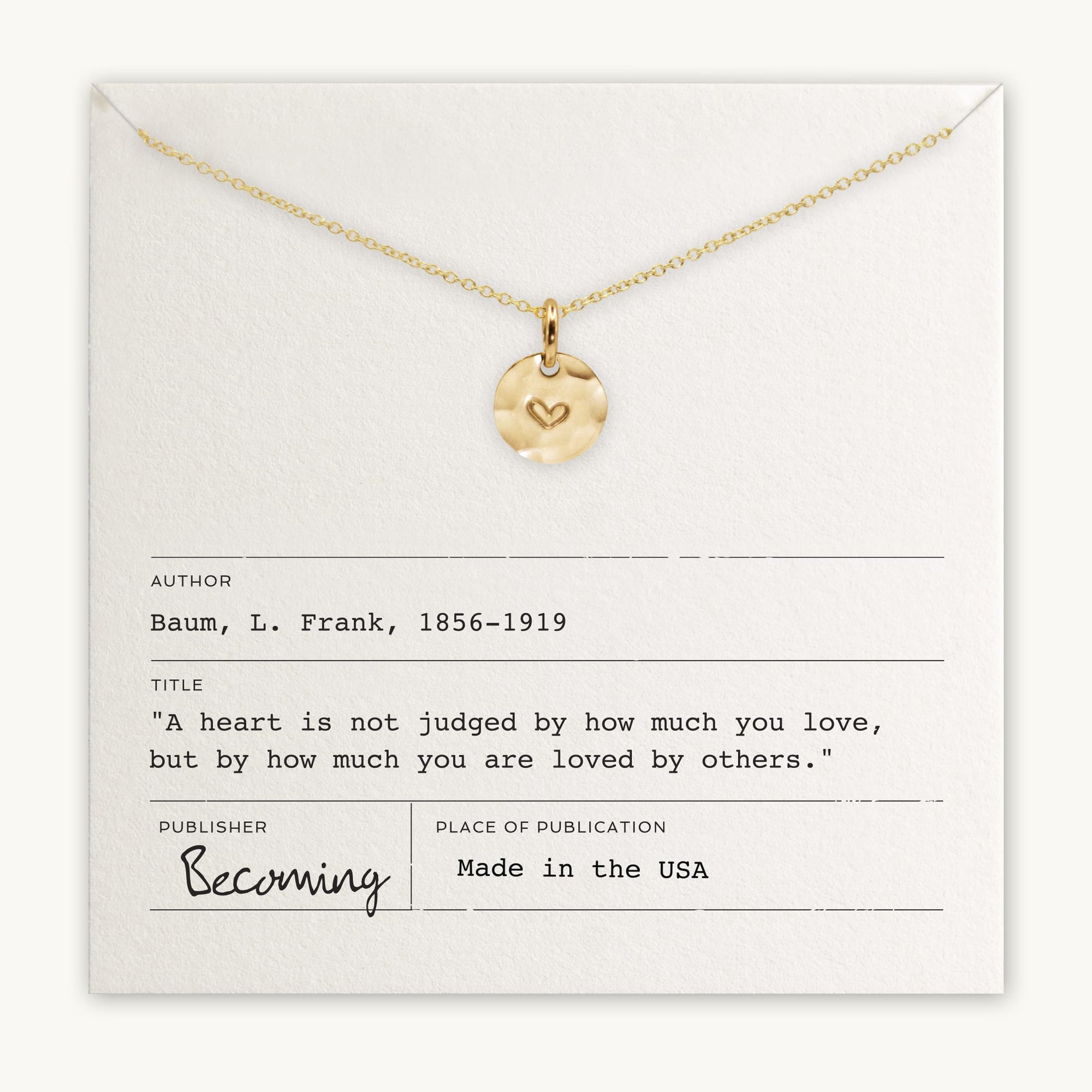 Becoming Jewelry Sterling Silver Heart Necklace displayed on a card with an inspirational quote.
