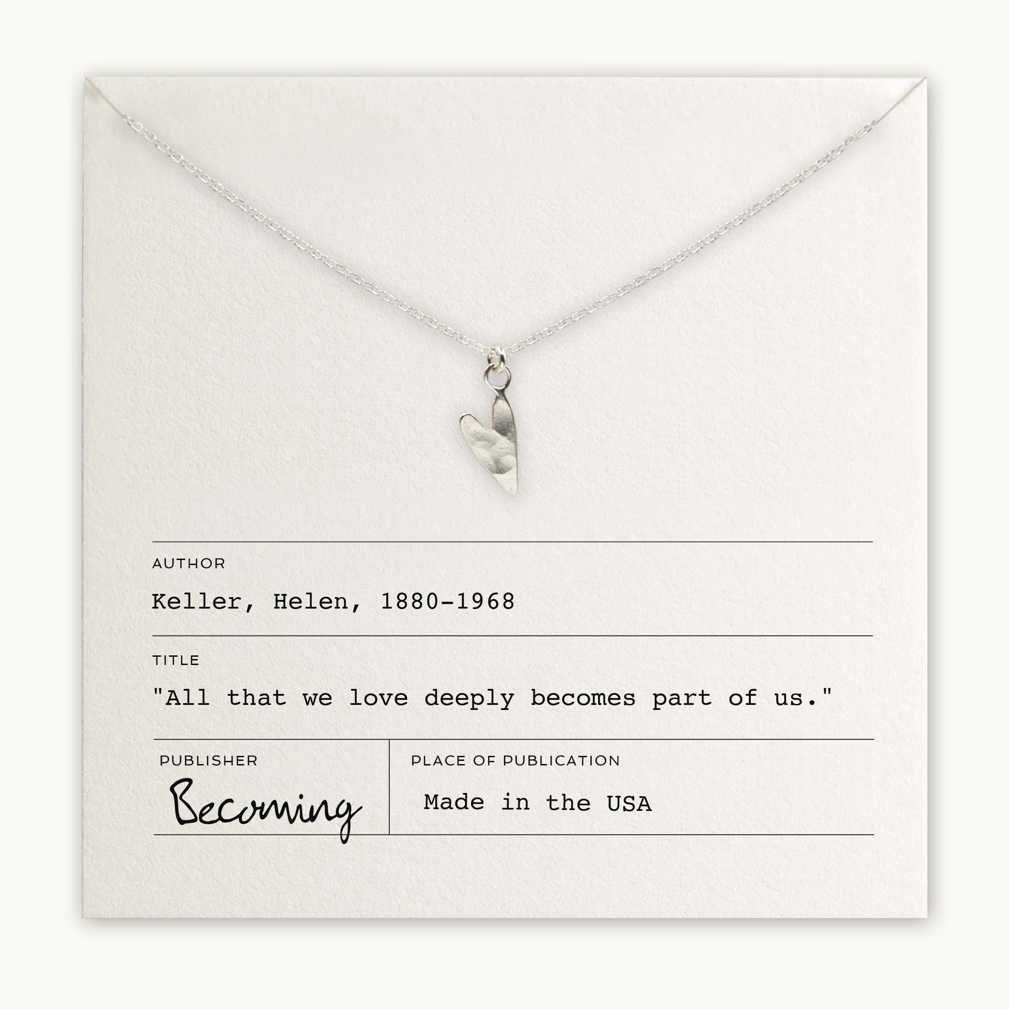 Love Deeply Necklace by Becoming Jewelry, displayed on a card with a Helen Keller quote and branding for &#39;Becoming&#39;, made in the USA.