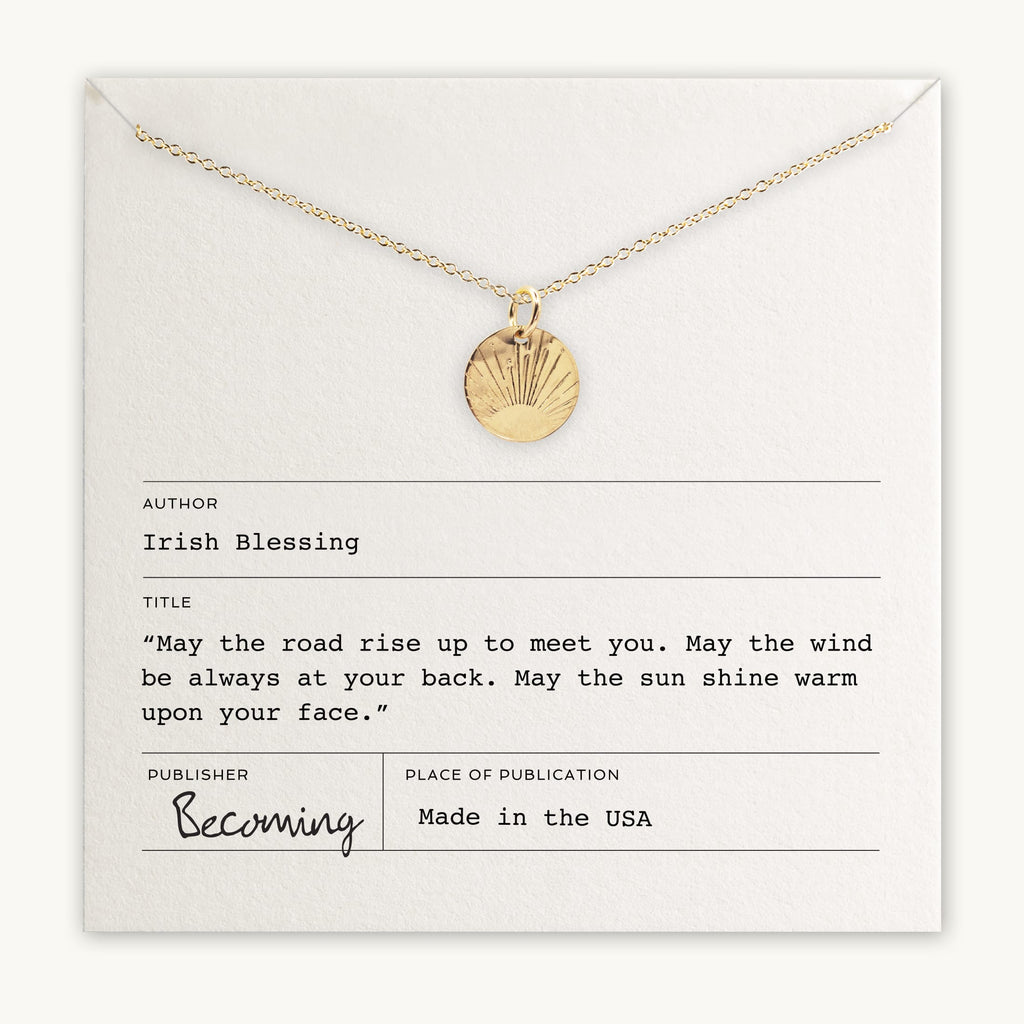 Becoming Jewelry's Irish Blessing Necklace, featuring a round pendant with a shell design, displayed on a card with an Irish blessing quote.