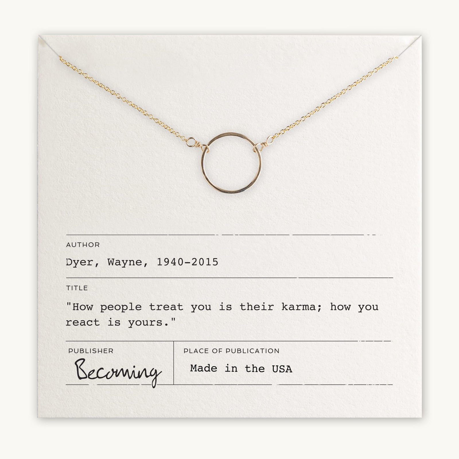 Karma Necklace by Becoming Jewelry displayed on a card with an inspirational quote by Wayne Dyer, labeled as made in the USA and featuring a fine cable chain.