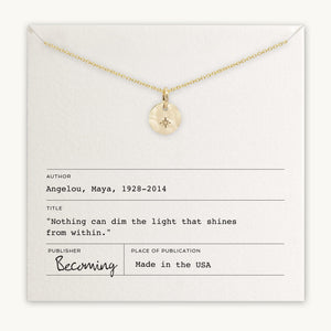 A Light Within Necklace displayed above an inspirational quote by Maya Angelou, presented as a library card, with the word "becoming" at the bottom by Becoming Jewelry.