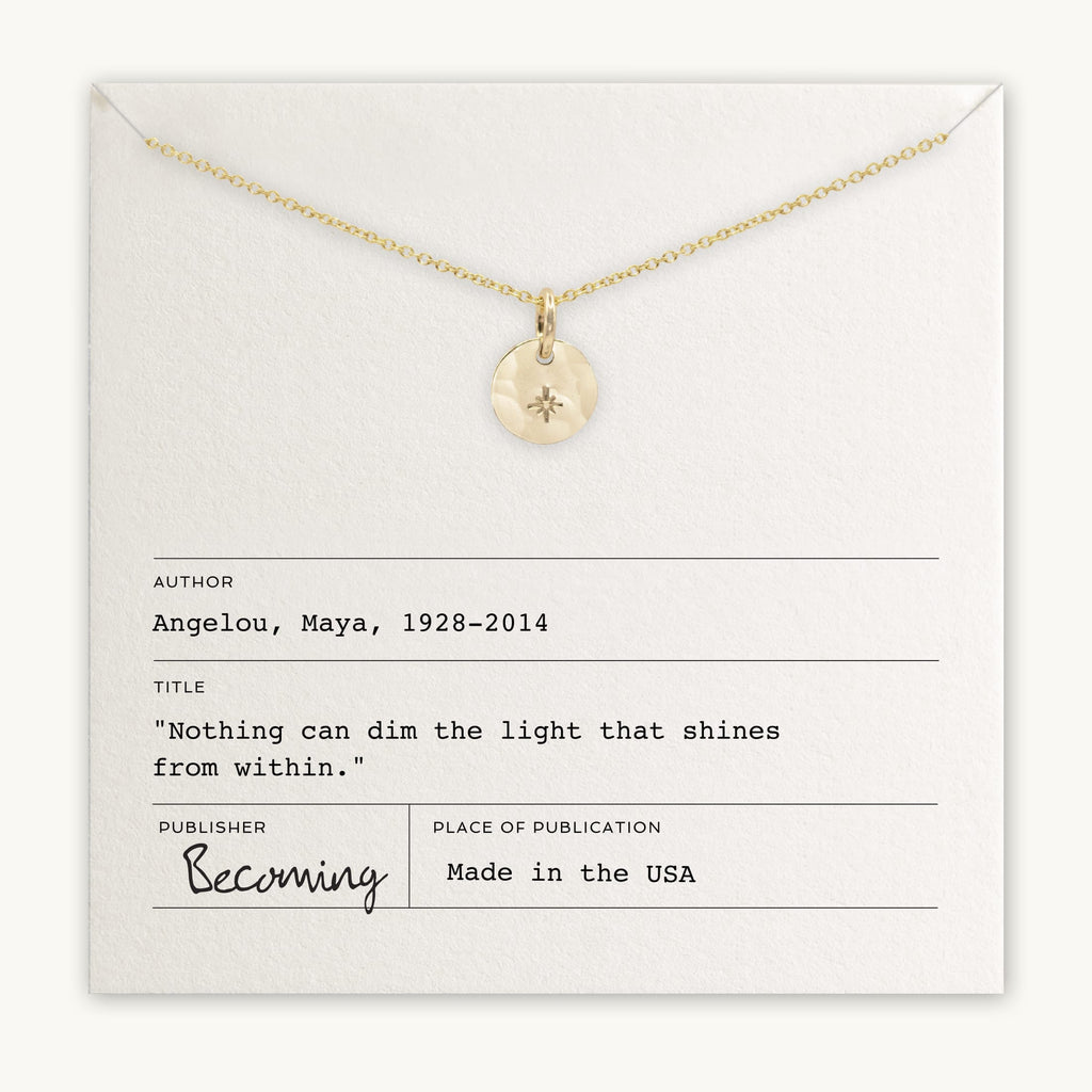 A Light Within Necklace displayed above an inspirational quote by Maya Angelou, presented as a library card, with the word "becoming" at the bottom by Becoming Jewelry.