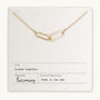 The Linked Together Necklace from Becoming Jewelry showcases a gold chain with two interwoven links and is beautifully presented on a card that reads "Linked together." Made in the USA, this exquisite piece symbolizes connection and unity, making it an ideal gift.