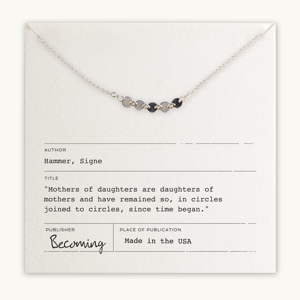 Mothers & Daughters Necklace by Becoming Jewelry with five joined circles charm on a display card featuring a quote about mothers and daughters, indicating the necklace is made in the USA.