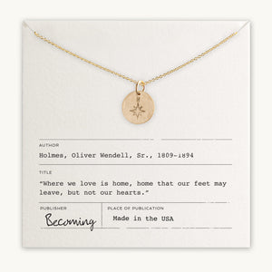 North Star Necklace with a leaf pendant displayed on a card with an Oliver Wendell Holmes Sr. quote by Becoming Jewelry.