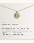 Wave Round Charm Necklace with ocean wave pendant, featuring an inspirational design, displayed on a card quoting e.e. cummings and labeled with publisher "becoming," made in the USA.