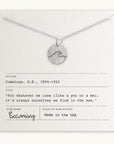 Silver Wave Round Charm Necklace by Becoming Jewelry displayed on a card featuring an inspirational quote by e.e. cummings and the word "becoming" at the bottom, indicating the piece's theme.